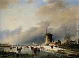 Jan Jacob Coenraad Spohler Canvas Paintings - Figures Skating on a Frozen River